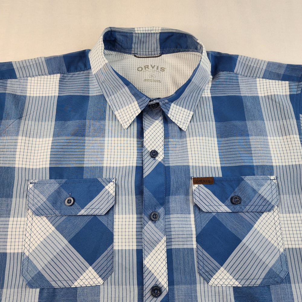 Orvis Button Down Shirt Mens XL Blue White Plaid Short Sleeve Mesh Lined 1369167